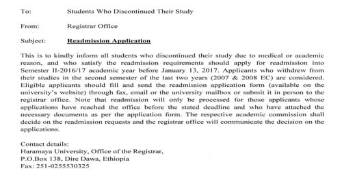 Application for Readmission in College as a Student