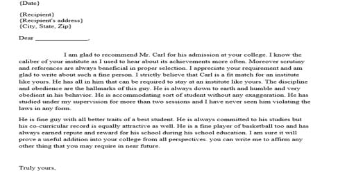 Recommendation Letter for Admission