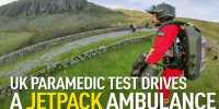 A paramedic jet suit is trialed by a test pilot for mountain rescue