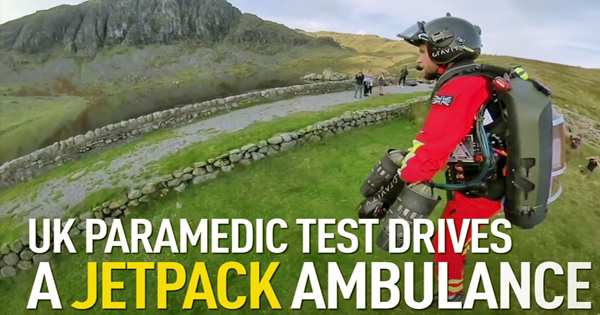 A paramedic jet suit is trialed by a test pilot for mountain rescue