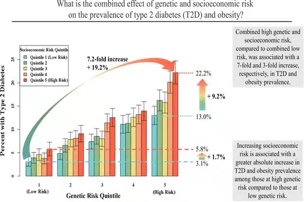 Genetic and socioeconomic factors interact to affect risk of type 2 diabetes and obesity